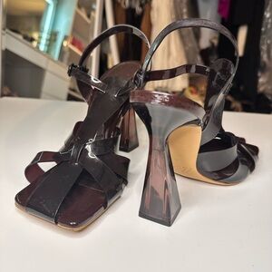 Zara Dark Brown Patent Strappy Sculpted Block Heel Sandals